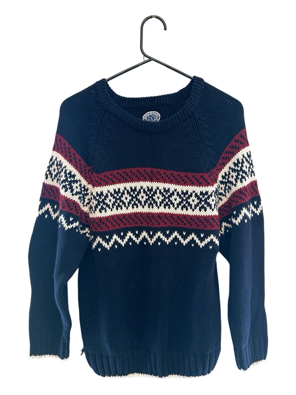 Vintage 90’s BNI Navy Red and Cream Fair Isle Crewneck Sweater XL* Small Hole